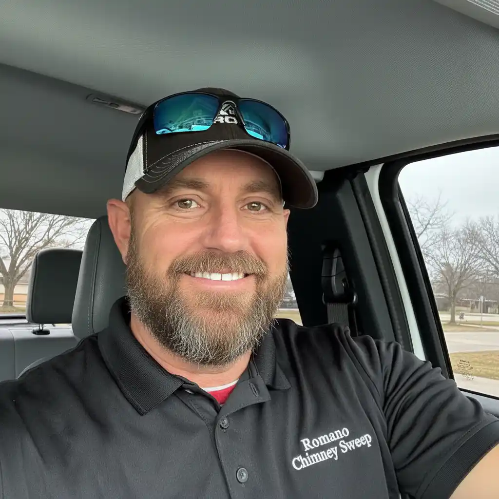 Nathan Peterson, owner of Romano Chimney Sweep, wearing company uniform with logo
