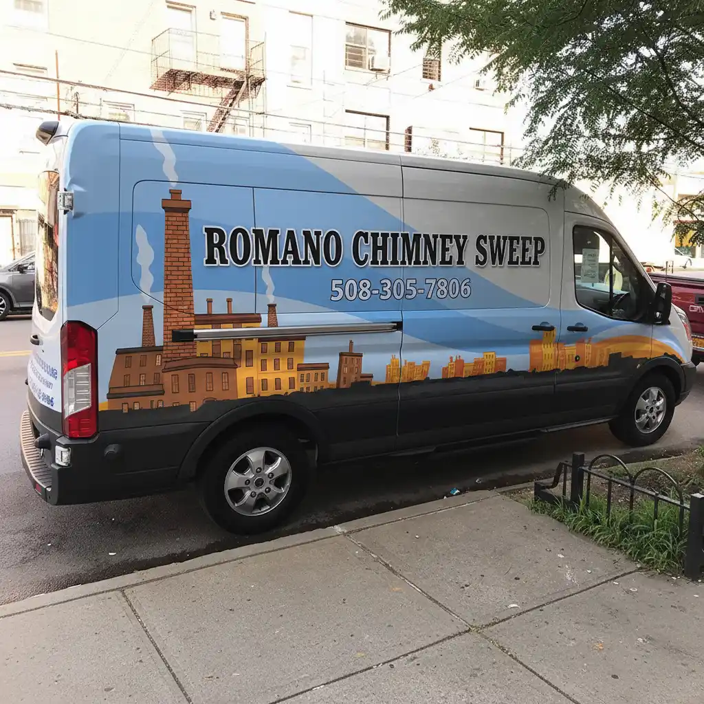 Romano Chimney Sweep service vehicle with company branding and phone number 508-305-7806
